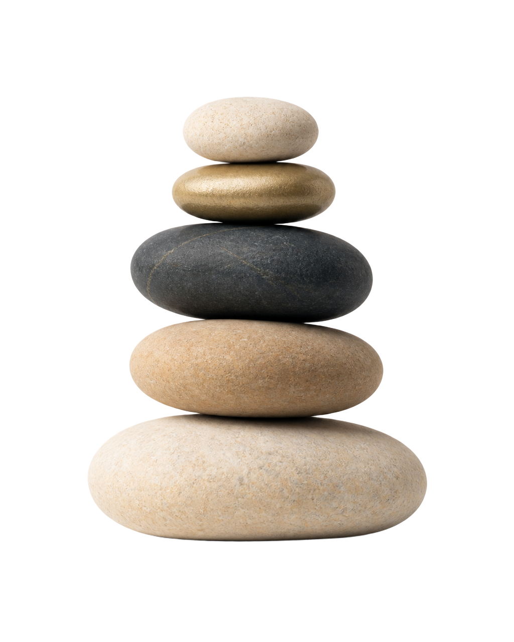 A cairn of five balanced stones in limestone, charcoal and muted gold tones